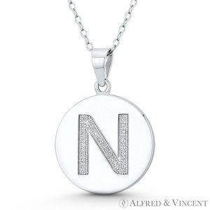Initial Letter "N" CZ Crystal Circle Pendant in .925 Sterling Silver w/ Rhodium